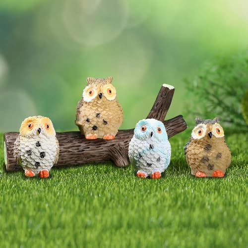 4pcs Mini Resin Owls and 1pcs Branch, Miniature Owl Figurines for Fairy Garden Accessories, Plant Pot, Bonsai Craft Decor, Cake Topper, DIY Home Micro Landscape Ornaments - style: Owl and Branch