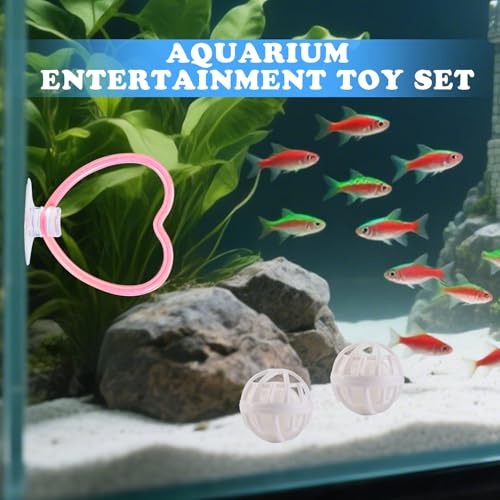 Betta Fish Toys, 2 PCS Heart Fish Exercise Ring and Nitrifying Balls Set, Heart Betta Mirror Toy Set, Feeding Ring with Suction Cup, Fishing Tank Accessories for Gifts (Pink) - color: Pink Heart