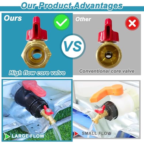 wantmatch IBC Tote Hose Adapter 275-330 Gallon IBC Tote Water Tank Fittings,1/2" NPT x 3/4" GHT Brass Garden Hose Valve with 3 Adapter,Apply to IBC Containers, Ton Barrels - color: Red handle Valve