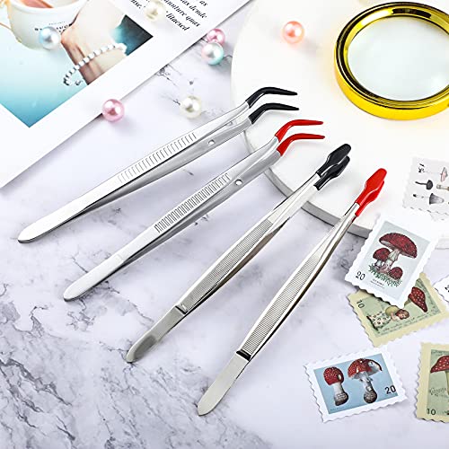Zhehao 4 Pieces Tweezers with Rubber Tips PVC Coated Set Rubber Straight Flat Tip Long Bent Tweezers for Stamps Crafts Beads Jewelry Tools