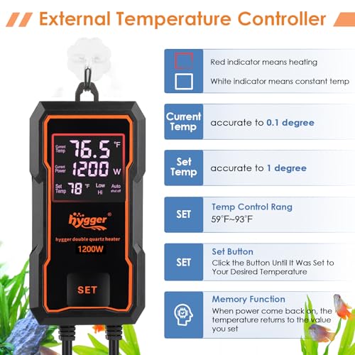 hygger Submersible Aquarium Heater 1200W Fish Tank Heater with Temperature Control & Auto Off Protection for 160-300 Gallons Saltwater and Freshwater - size: 1200W for 160-300 Gallons