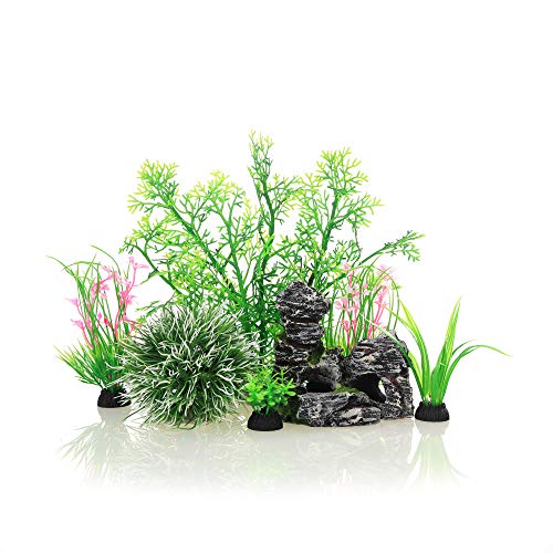 JIH Aquarium Fish Tank Plastic Plants and Cave Rock Decorations Decor Set 7 Pieces, Small and Large Artificial Fish Tank Plants with Cave Rock - color: Cu89-green-7