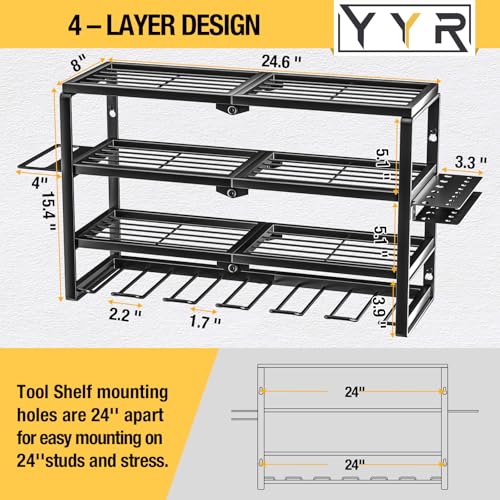 YYR 4 Layer Power Tool Organizer Wall Mount, Cordless Drill Hanger Storage Rack, Battery Tools Holder with Charging Station Shelf for Garage Organization, Workshop, Pegboard, Shed - 24 Inch 6 Slots - size: 24 Inch 6 Drills Holder