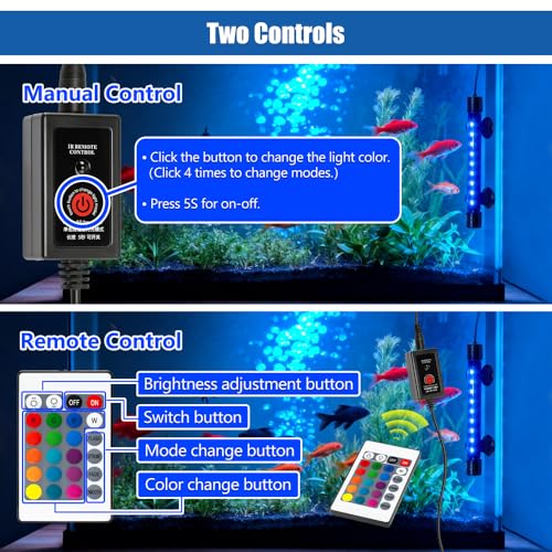 LED Aquarium Light with IP68 Waterproof and Memory Function Submersible Fish Tank Light with Remote and 16 Colors 11 Inches Brightness Adjustable Underwater Light Bar for Fish Tank Aquarium - size: 11 inch (With Remote Control)