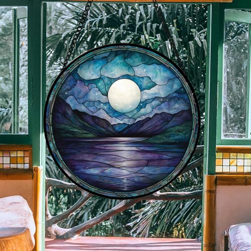 DASTOLL Stained Glass Window Hanging, Blue Night Moon Lake Sun Catchers Colorful Glass Panel Landscape Suncatcher Decor for Birthday for Women, Men, Wife, Aunt, and Mom 14.9x14.9 in - color: Blue and White, size: 14.9x14.9 IN