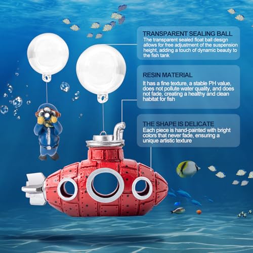 CousDUoBe New Upgrade Floating Fish Tank Decoration, Cute Retro Submarine Set and Floating Diver,Three Float Balls, Aquarium Decorations Resinous Betta Fish Tank Accessories - color: Rose Red