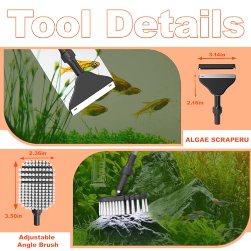 SEAOURA 7-in-1 Aquarium Cleaning Tool, Fish Tank Cleaner with Telescopic Handle,Aquariums Scraper,Adjustable Angle Brush,Gravel Rake,Plant Fork, Flat Sponge,Large Fishes Net,Hose Brushes