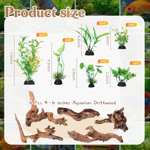 16 Pcs Aquarium Decor Fish Tank Decorations Include 6 Small Natural Coral Driftwood Spiderwood and 10 Green Plastic Plants for Reptile Terrarium Accessories Goldfish Tank Decor