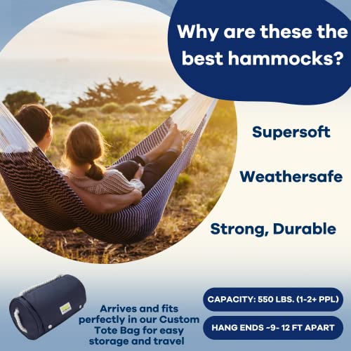 Handwoven Hammock by Yellow Leaf Hammocks - Family Size, Fits 2+ PPL, 550lb max - Weathersafe, Super Strong, Easy to Hang, Ultra Soft, Artisan Made - Color: Stripe Navy Blue - White - color: Vineyard Haven- Navy Blue and White, size: Fits 1-2+ People (550