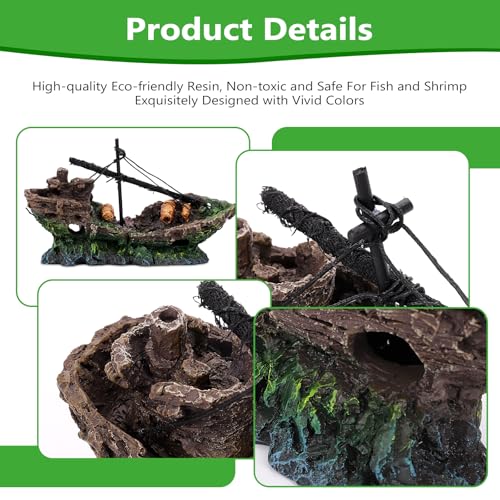 Big Ship Aquarium Decoration Resin - Large Weathered Sunken Shipwreck with Small Hole,Centerpiece for Fish Tank - Approx. 10" L x 4.5" W x 5.3" H(Big Ship) - color: Big Ship