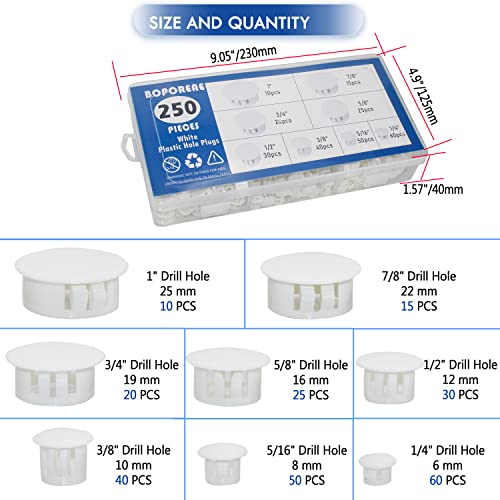 250 PCS 8 Sizes Nylon Plastic Hole Plugs White 1/4, 5/16, 3/8, 1/2, 5/8, 3/4, 7/8, 1 Inch Round Hole, Flush Type Panel Knockout Locking Plugs, Furniture Cabinet Pipe Insert End Covers Caps - size: 8 Sizes, White((1/4“-1”, 250 PCS)
