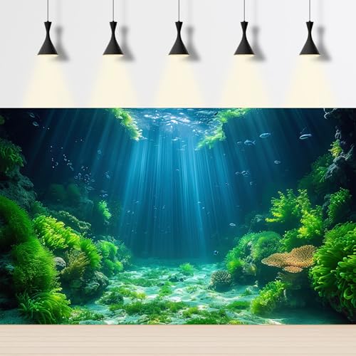 Underwater World Aquarium Background Colorful Coral Reef Aquatic Plants Fish Tank Background Under The Sea Marine Life Sunray Terrarium Backgrounds Ocean Floor Scene Reptile Tank Backgrounds 24x12in - color: Pale_Green, size: 24(W)x12(H)in