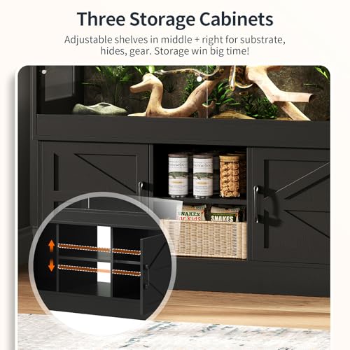 Dual 60 Gallon Reptile Tank with Stand,Reptile Enclosure,Bearded Dragon Tank,Reptile Terrarium with Cabinet,Sliding Doors,Power Outlet for Snakes,Lizards,Crested Geckos Black CAGE003B - color: Black, size: 60 Gallon+60 Gallon