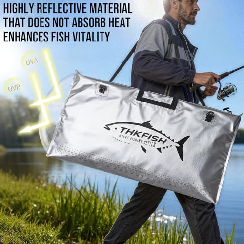 THKFISH Fish Tournament Weigh in Bag for Bass Fishing, Heavy Duty Insulated Live Fish Bag for Caught Fish with Waterproof Zipper and Mesh Liner, Leakproof,Puncture Resistant(Silver-32×19.7in) - color: Silver-32×19.7in
