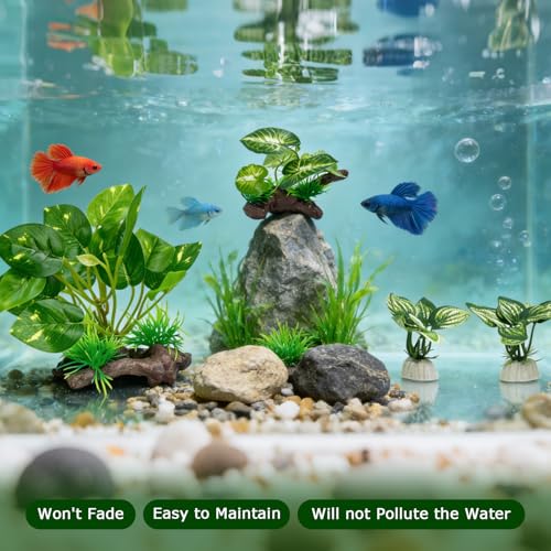 Silk Aquarium Plants Decor, 4PCS Realistic Fish Tank Plants Set with 1 Large 1 Medium 2 Small Artificial Underwater Weeds, Soft Betta Fish Tank Decorations for Aquascaping & Reptile Habitat