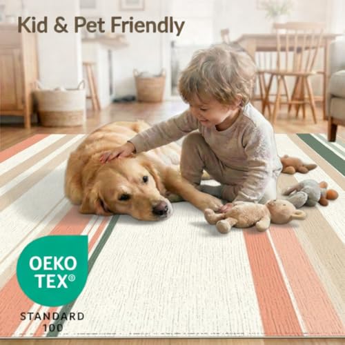 4'x6' Washable Flatwoven Rug, Coral Modern Stripe Easy Care Throw Carpet Stain Resistant Low Profile Floor Covering for Dorm Room, Small Living Room, Apartment | Ref:1993948 - color: Beige/Pattern 22, size: 4' x 6' (Rectangular)