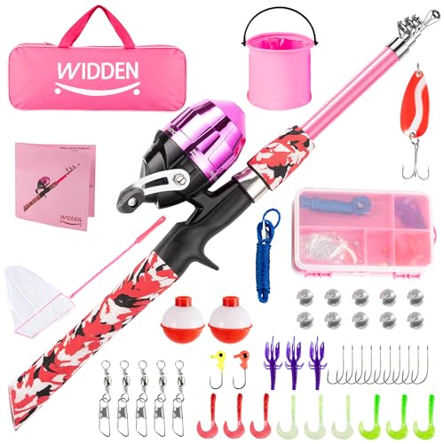 Kids Fishing Pole, Portable Telescopic Kids Fishing Poles for Boys and Girls, Fishing Rod and Reel Combo Kit with Tackle Box, and Fishing Net, Best Fishing Pole for Toddler Youth - color: PINK