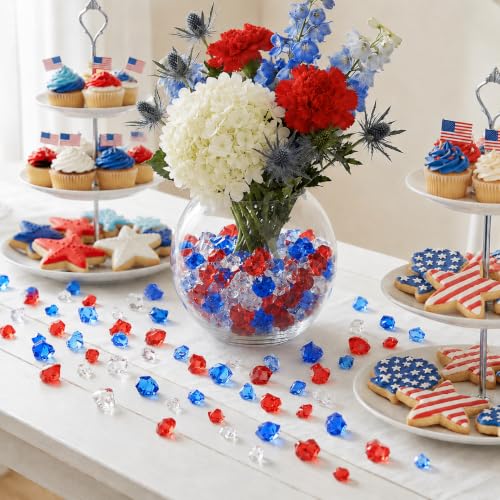 700 Pcs Fake Ice Rocks 5 Sizes Acrylic Gems Independence Day Patriotic Red White Blue Aquarium Fish Tank DIY Window Display Photography Props Crystal Gem for Vase Fillers Table Scatter Decor - color: Red White Blue