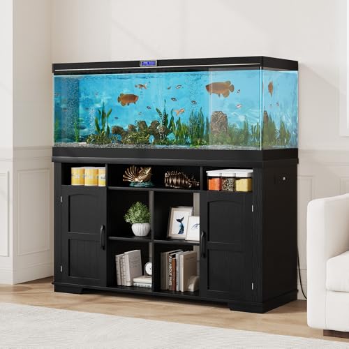 55-75 Gallon Fish Tank Stand with Power Outlet, Farmhouse 75 Gallon Aquarium Stand with Cabinet for Fish Tank Accessories Storage, Shelf, for Turtle Tank, Reptile Terrarium, 1000 LBS (Black-1) - color: Black-1