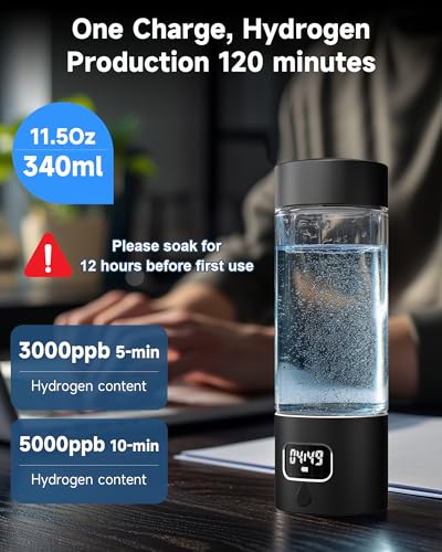 Hydrogen Water Bottle - Portable, Rechargeable, LED Timer, Aluminum and Glass, 5000 PPB Hydrogen in 10 Minutes, 340ml Capacity, for Husband, Friend & Family, for Travel, Sports, Home, Office(Black) - color: Black