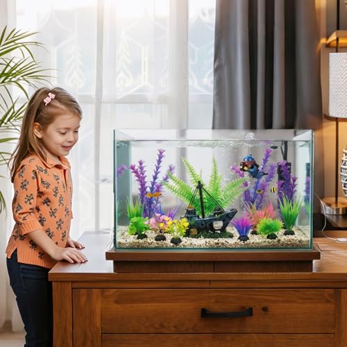 Fish Tank Decor Set with Shipwreck Decoration, Little Diver Floating & 13 Aquatic Artificial Plants - Betta Plants & Hiding Spots for Aquariums and Small Fish Tank Accessories