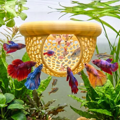 Floating Betta Shrimp Cave, Multi-Functional Aquarium Hammock for Hiding Feeding, Floating Betta Fish Skins with Feeding Ring, Tank Resting Spot for Small Fish Betta Shrimp (Wood) - color: Wood, size: Small