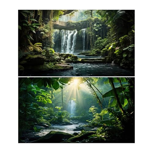 2 Packs Tropical Waterfall Aquarium Background Jungle Rainforest Fish Tank Background Rock Moss Flowing Stream Green Trees Plants Stone Bridge Cascading Falls Reptile Tank Backgrounds Poster 24x16in - color: Dark_Green, size: 24(W)x16(H)inches/ 60(W)*40cm
