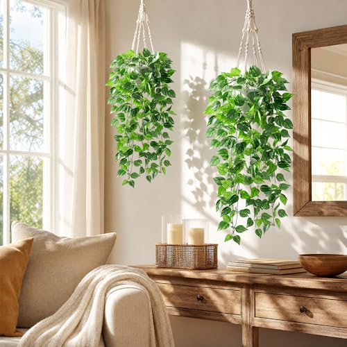 DREAMLOOM 2 Packs Fake Hanging Plants with Pots, Artificial Pothos Hanging Plants with Macrame Hanger for Indoor Decor, Fake Hanging Vines Faux Greenery for Home Kitchen Office - color: Pothos