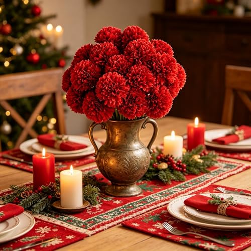 Kimura's Cabin 20Pcs Fake Chrysanthemum Artificial Flowers Silk Ball Flowers Faux Mums Flower with Stem for Wedding Party Bouquets Arrangements Home Table Centerpieces Christmas Decoration (Red) - color: Red