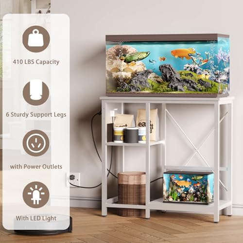 BEURUKU 20-29 Gallon Fish Tank Stand with Power Outlet & LED Light, Metal Aquarium Stand with 3 Tier Adjustable Storage Shelves, Tank Stand for Reptile Tank, Turtle Tank, 30.7" L*13.8" W, White - color: White, size: 20-29 Gallon