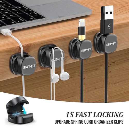 Never-Lose 1s Lock Spring Cable Solution – Rotatable Cable Clips, Strong Adhesive Cord Organizer & Wire Holder for Desk, Car & Nightstand, Secure Cable Management, 8 Pack (Black) - size: Pack of 8