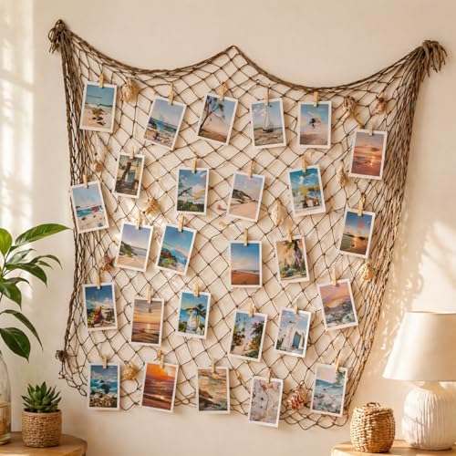 Fish Net Decorations for Party, 80x40 Inch Large Decorative Fish Netting Table Runner, Wall Photo Hanging Fishnet for Nautical Mermaid Pirate Hawaii Beach Under the Sea Party Decorations, Caramel - color: Caramel