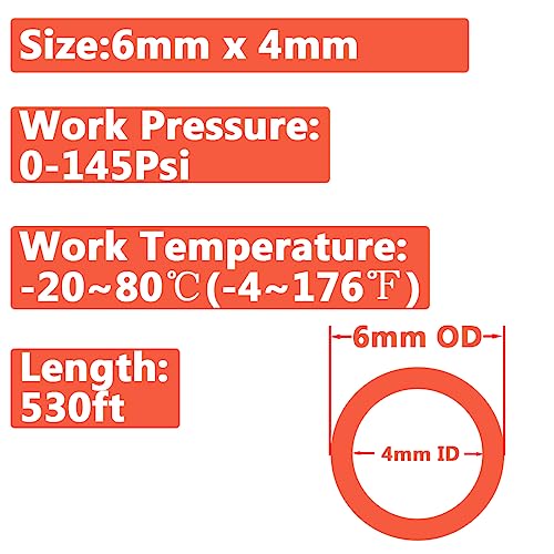 Pneumatic 6mm x 4mm Tubing 530Ft PU Air Tube Hose Pipe for Air Line or Water Transfer (Orange) - color: Orange, size: 6mm*4mm