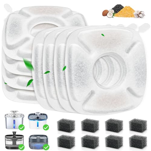16 Pack Cat Water Fountain Replacement Filters, 8 Pcs Cats Fountain Filters & 8 Pcs Pre-Filter Sponges for 95oz/2.8L 135oz/4L 67oz/2L Automatic Pet Dog Fountain Water Dispenser Filter