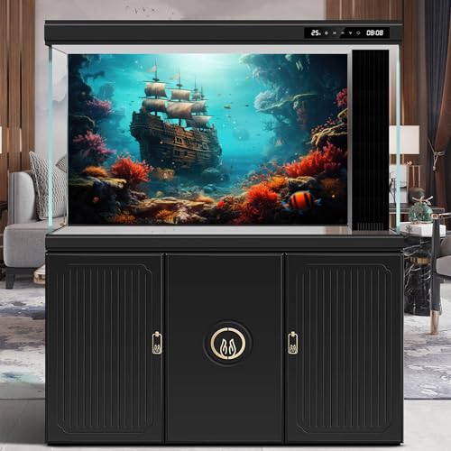 Underwater World Aquarium Background Vibrant Underwater Coral Reef Sunken Wooden Ship Ruins Fish Tank Background Tropical Seascape Terrarium Backgrounds Undersea Shipwreck Reptile Backgrounds 24x12in - color: Blue_Orange, size: 24(W)x12(H)in