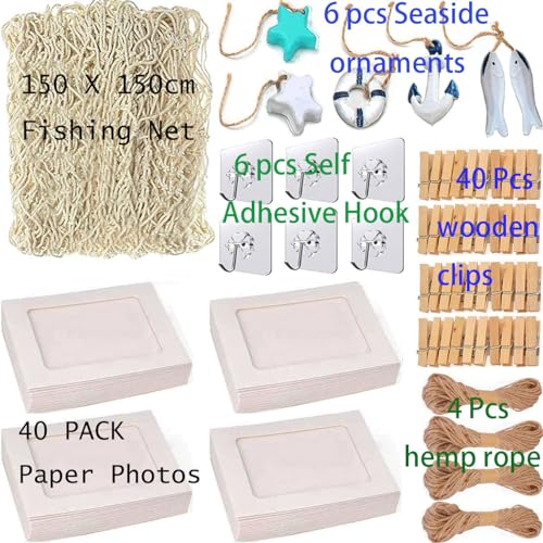 White Fishing Net with White 40 Paper Photos Frames Wall Decorations Fits 6x4 inch, for School Home Party Display Memories, Hanging on walls Collage Ornaments Pictures Display with Clips Set