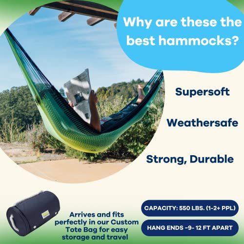 Handwoven Hammock by Yellow Leaf Hammocks - Double Size, Fits 1-2 PPL, 400lb max - Weathersafe, Super Strong, Easy to Hang, Ultra Soft, Artisan Made - Color: Neon - Blue - Turquoise - color: St. Lucia- Neon, Blue and Turquoise, size: Fits 1-2 People (400