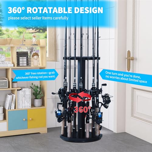 360° Rotating Wood Fishing Rod Holder, Black Round Fishing Pole Rack, Floor-Standing Fishing Rack Stores 16 Rods, Fishing Pole Storage Organizer for Garage, Basement, or Shed, Easy to Install - color: Black, size: Round