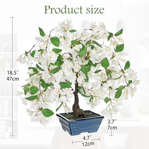 Briful Artificial Bougainvillea Tree in Blue Pot 18.5" Tall Faux Bougainvillea Floral Tree Tropical Silk Fake Bougainvillea Plant for Home Office Living Room Table Décor(White) - color: White 18.5in, size: 1ft 4in