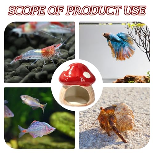 Betta Fish Tank Accessories, 4.33'' × 4.33'' Ceramic Mushroom House Aquarium Decor - Cute Red Hideout Cave Ornament for Small Fish, Shrimp, Goldfish, Hamsters & Reptiles (Red) - color: Red