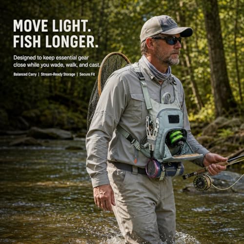 Qiullen Fly Fishing Chest Pack,Waterproof Tackle Bag with Zip-Down Workstation,Fly Box Storage,Net Holder,Adjustable Straps for Wading and Stream Fishing