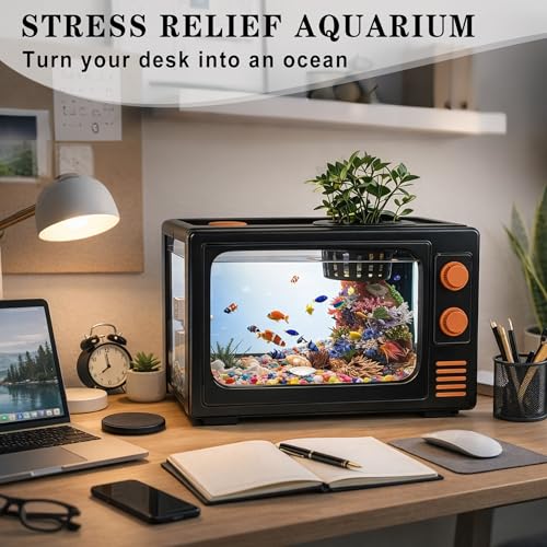 Retro TV Aquarium Kit 4 Gallon Desktop Fish Tank with Filter and LED Light, Mini Aquarium Starter Kit for Betta Fish, Vintage Television Style Decorative Fish Tank for Office Desk Home Decor - color: Black - 4 gallon