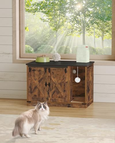Hzuaneri Cat Litter Box Enclosure, Hidden Litter Box Cabinet Furniture with Bell, Indoor Cats House, Farmhouse Style, 31.5 x 19.7 x 20.9Inches, for Hallway, Bedroom, Rustic Brown and Black CB82401X - color: Rustic Brown and Black, size: 31.5"L x 19.7"W x