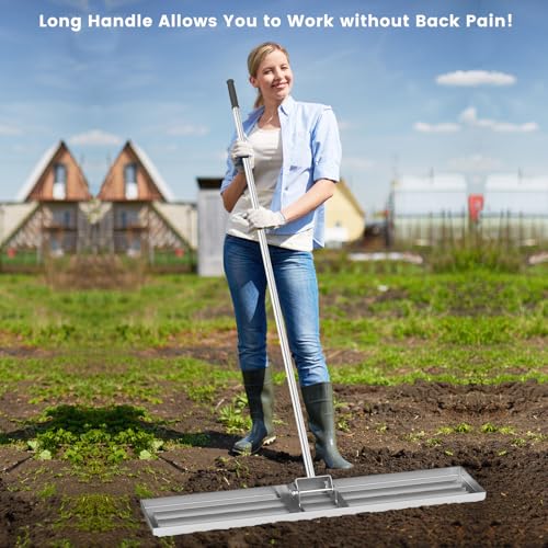 Goplus Lawn Leveling Rake, 46" x 10" Heavy Duty Level Lawn Tool w/ Ergonomic Handle for Soil, Effort-Saving Landscape Rake for Garden, Backyard, Golf Course, Farm, Pasture, Silver - style: 46" x 10", Silver