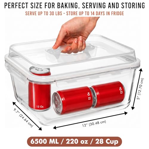 6500 ML / 220 oz / 28 Cup LARGE Glass Food Storage Container with Airtight Locking Lid. Ideal Storing food, Vegetables, Fruits. Baking Casserole, Lasagna, Roasting Turkey, Chicken BPA Free Oven Safe - size: 6500 ml