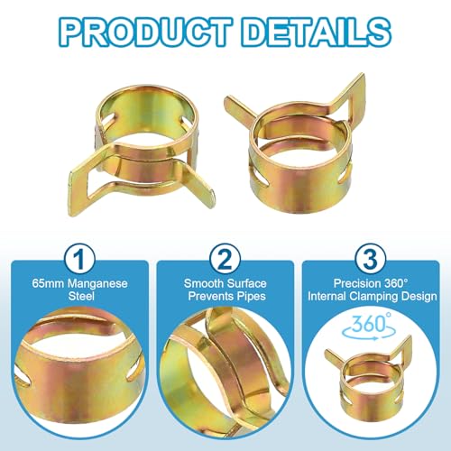 PATIKIL Spring Band Hose Pipe Clamps for 12-13.6 mm OD Hose, 30 Pack Silicone Vacuum Constant Tension Band Clips for Fuel Line Silicone Air Hose Tube Water Pipe, Gold - size: 12-13.6 mm