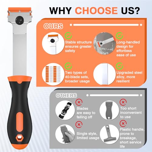 2 Pack Razor Blade Scraper Tool with 20 Metal & 20 Plastic Razor Blades, Multi-Purpose Long Handle Heavy Duty Scraper Tool for Cleaning Cooktop, Oven, Floor, Paint, Tile, and Window Glass
