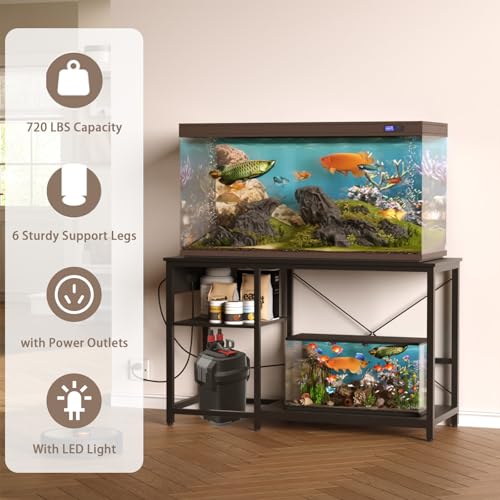 Beuruku 55-75 Gallon Fish Tank Stand with Power Outlet & LED Light, Metal Aquarium Stand with 3 Tier Adjustable Storage Shelves, for Reptile & Turtle Tank, 52" L*19.5" W, Black - color: Black, size: 55-75 Gallon