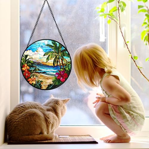 DASTOLL Stained Glass Window Hanging, Blue Beach Scenery Suncatcher Diamond Glass Panel Hangings Sun Catchers Decor for Birthday for Women, Men, Wife, Aunt, and Mom 9.8 in - color: Blue-green, size: 9.8x9.8 IN