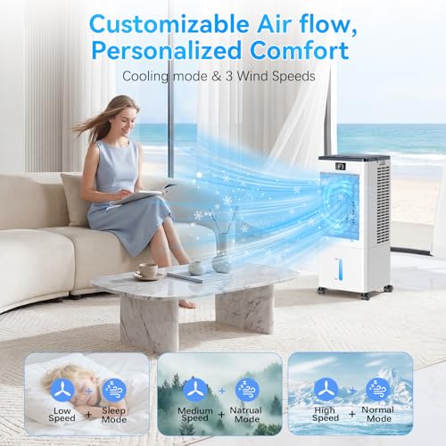 Portable Air Conditioners,3-in-1 Evaporative Air Cooler,4 Modes 3 Speeds Blow Cold Air, 120°Oscillation, LED Display, 12H Timer, Windowless Portable AC w/ 8L Tank & Remote for Home Bedroom Office